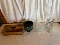 Assorted Pieces of Glassware & Wood Box