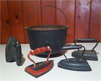 CAST IRON CAULDRON & SAD IRONS