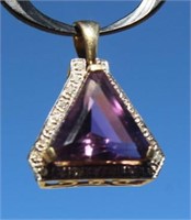 10K Gold - Diamonds &  Amethyst Triangle Pendant