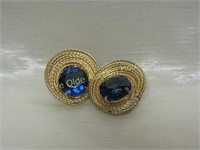 Goldtone large blue stone earrings 1-1/4"