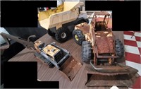 3 old Tonka toys, loader, backhoe, dump truck