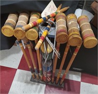 Old wooden croquette set w stakes mallets balls