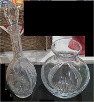 2pc heavy Bohemian cut glass decanter vase