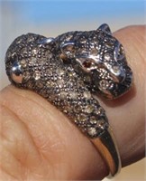 10K Gold Diamond Double Panther Ring Ruby Eyes