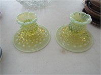 Pair Vaseline Glass Hobnail Candlesticks & Bowl