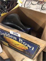 Golden Bowl wood box, asst bicycle seats