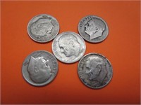 5 Roosevelt Dimes 90% Silver