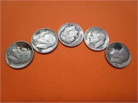 5 Roosevelt Dimes 90% Silver