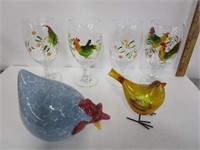 Ceramic hen, Light up Bird, & Rooster Glasses -