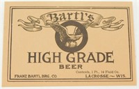 Scarce Franz Bartl Beer Label - La Crosse, Wis.,