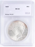 Coin SEGS Graded 1934 Peace Silver Dollar - MS-62