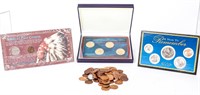 Coin Bag Of 100 Wheat's & 3 Plaques Of Coins