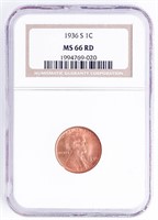 Coin 1936-S NGC Graded Lincoln Cent MS66 RD