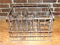 Vintage Metal Milk Bottle Carrier and 3 Glass Jars