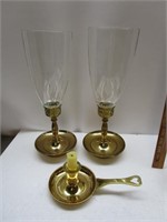 Brass Hurricane Lamps & Heavy Brass Candle Holder