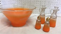 Vintage Orange Frosted Serving Bowl, Bottle Set