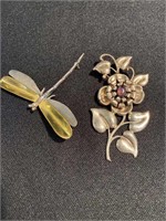 Two pins - one dragonfly and one floral with