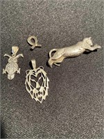 Three pendants and cat pin - all sterling