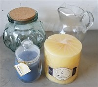Glass Melon Canister, Glass Pitcher & Two Candles