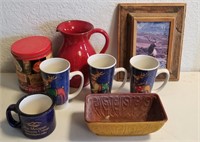 Pitcher, Mugs, Planter, Tin & Framed Picture