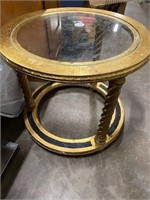 Used round wood side table gold accents