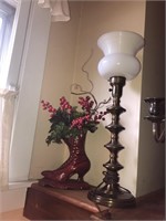 Heavy Brass Lamp and Boot floral arrangement