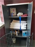 Cabinet contents including break room supplies