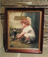 Oil on canvas painting of a little girl feeding