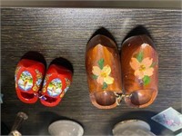 Two pairs of small wooden shoes Dutch hand painted