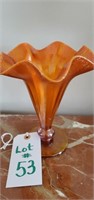 Fluted iridescent orange vase  7 5/8 in tall