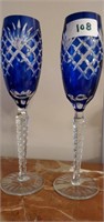 2 Cobalt blue to clear glass champagne flutes 10