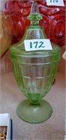 green depression glass jar approx 8 3/4 in tall
