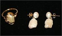 Baroque Pearls in 14K Gold Earrings & Sz 6 Ring