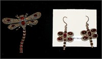 Sterling Silver Garnet Dragonfly Earrings & Brooch