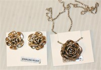 Sterling Silver Roses Earring & Necklace Set