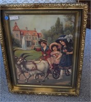 Antique Guild Frame w/ Children & Goat Wagon