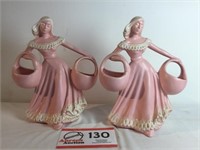 Pair Ladies Holding Baskets Figurines 16" Tall