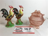 Roosters & Pink Footed Bowl w/Lid