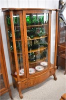 Oak Carved Glass China Cabinet w/ Columned Front