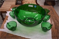 Depression Glass Forest Green Punch Bowl & 6 Cups