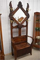 Carved Oak Hall Seat w/ Diamond Mirror (35" x 17"