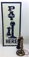 VTG. PAY PHONE SIGN & BRASS CANDLE STICK PHONE