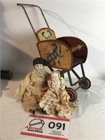 Doll Stroller, 2 Dolls; 1 Porcelain