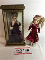 Porcelain Dolls (2)  ~17" Tall, 1 in Glass Stand