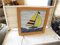 STAINED LEADED GLASS LIGHT UP SHIP IN BOX FRAME