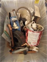 TOTE OF PLUMBING ITEMS, PIPE, SNAKE AND MORE