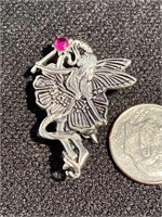 Garden fairy pin in sterling silver with a ruby