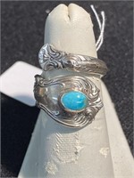 Antique sterling silver spoon ring with turquoise