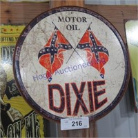Dixie motor oil tin sign- approx 12" round