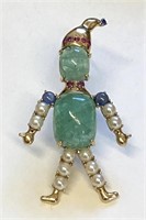 14KT GOLD CLOWN PIN W/ CABOCHON EMERALDS, RUBIES,